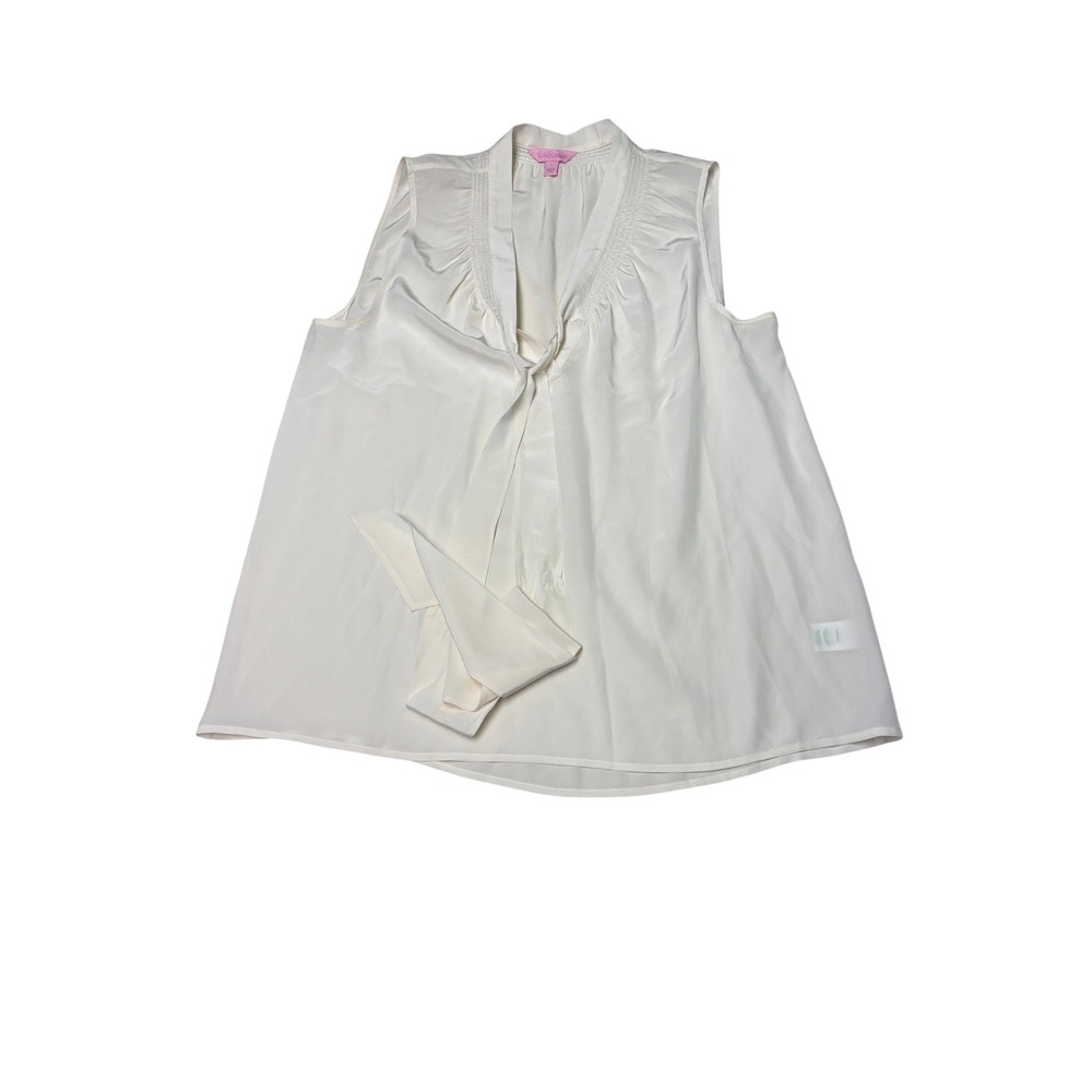 Lilly Pulitzer Womens Ivory 100% Silk Tie Neck Smocked Sleeveless Blouse L 48596